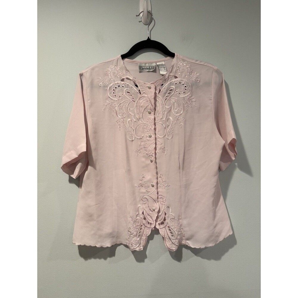 Vintage Christie & Jill Top Womens 10 Petite Lt Pink Pearl Button Up Embroidered